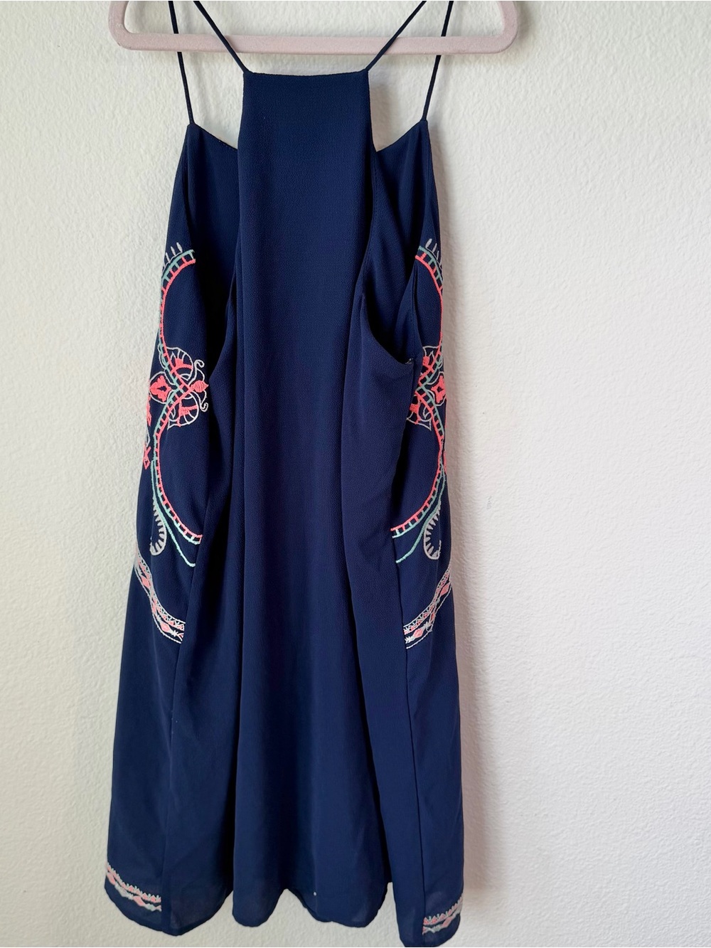 BLU PEPPER Sleeveless Navy Blue Embroidered Boho Mini Dress Cottagecore S - Picture 6 of 12
